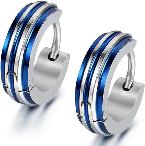 316L Surgical Steel Striped Blue/Black Men Women Hypoallergenic Hoop Earrings